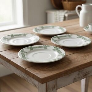 Citations "Cade Cove" Saucers, Set of 4, Green Scenic Transferware, Bone China